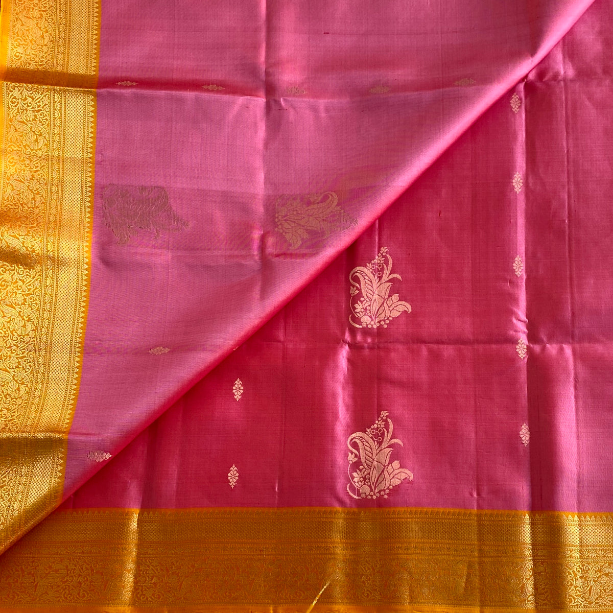 Metallic Rose And Mustard Orange Designer Pure Silk Saree With Zari Pallu