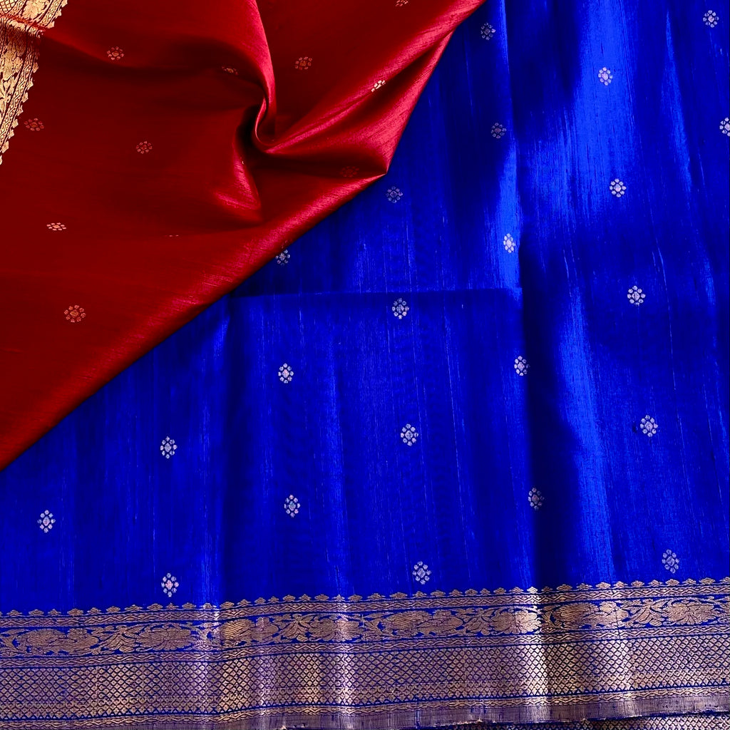 Royal Blue Designer Pure Raw Silk Saree With Crimson Red Pallu