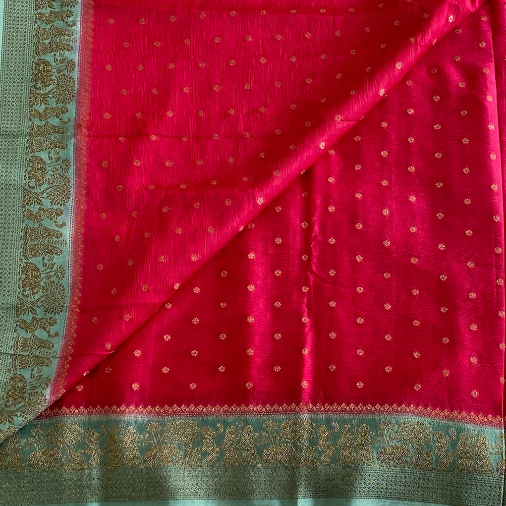 Rani Pink Soft Tussar Silk Saree With Aqua Green Pallu