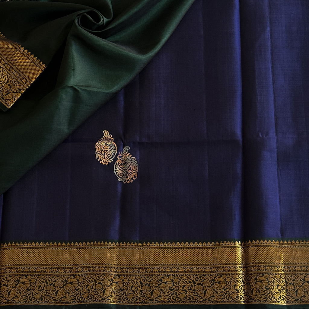 Midnight Navy with Bottle green Handwoven Designer Pure silk