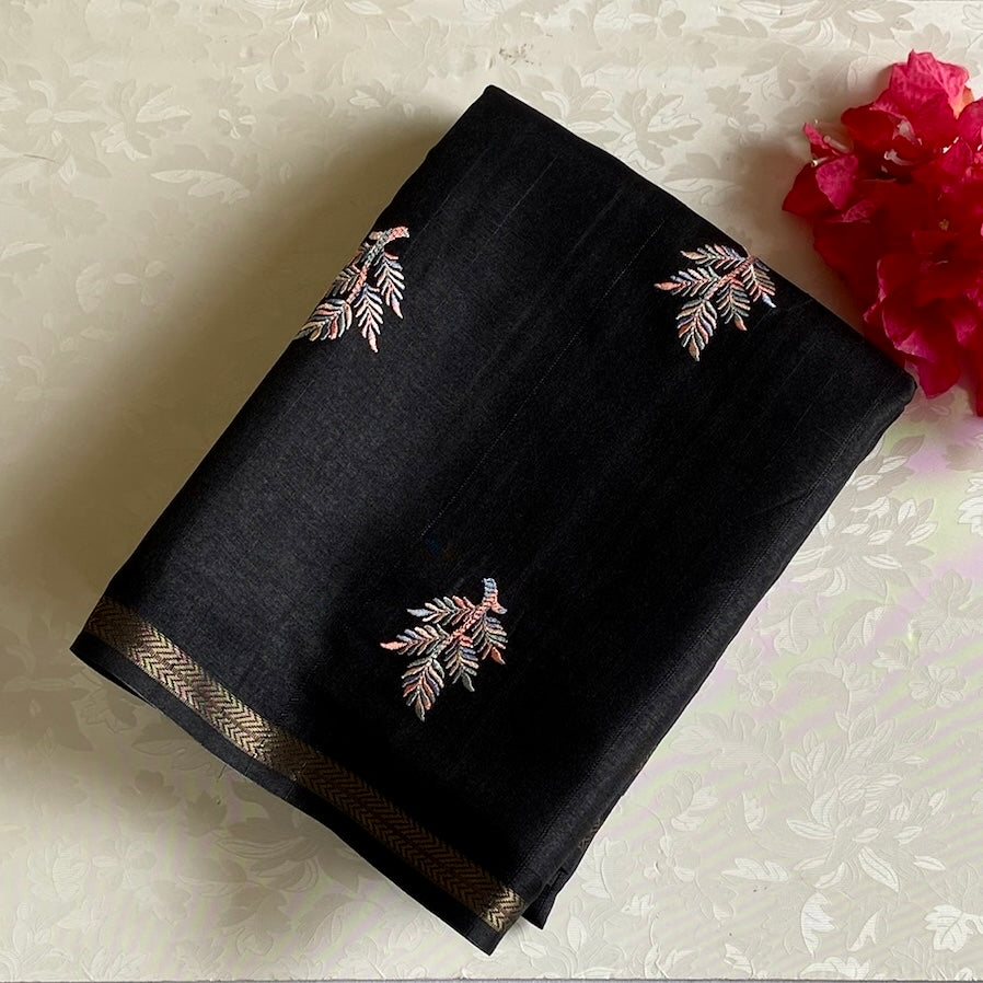 Jet Black Soft Tussar Silk Saree With Dusty Pink Buti
