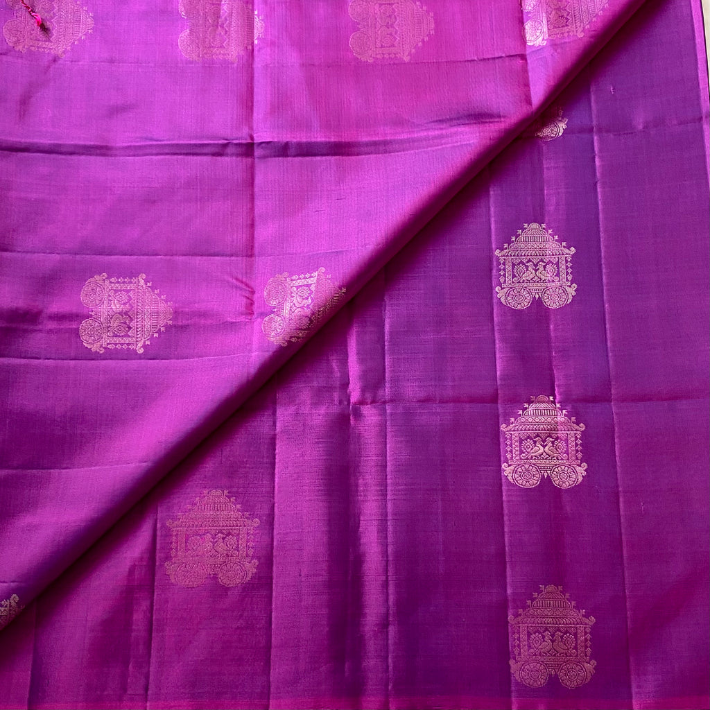 Elegant Magenta Gold Brocade Saree With Chariot Motif Pallu Tassels