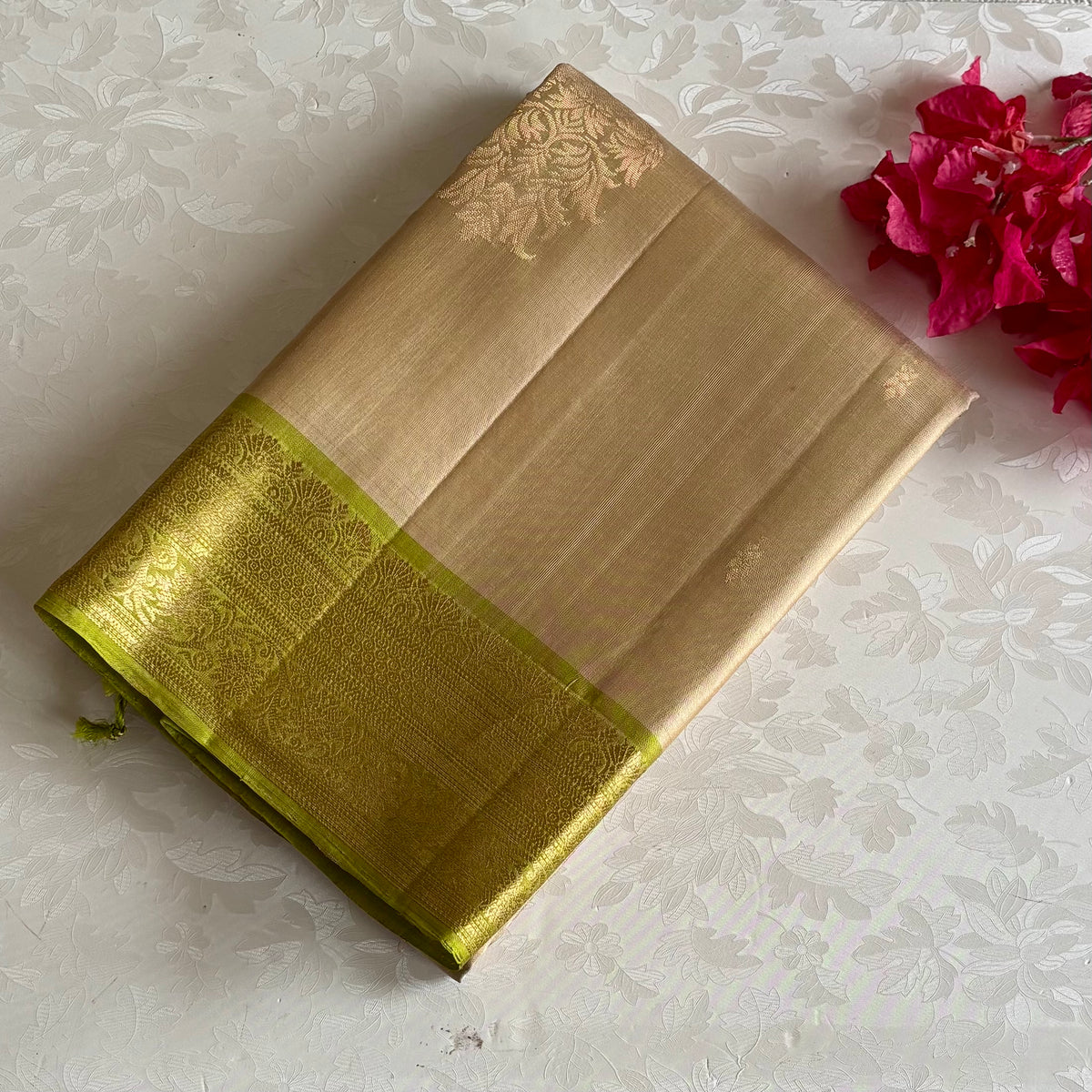 Champagne Beige & Chartreuse Green Designer Pure Silk Saree
