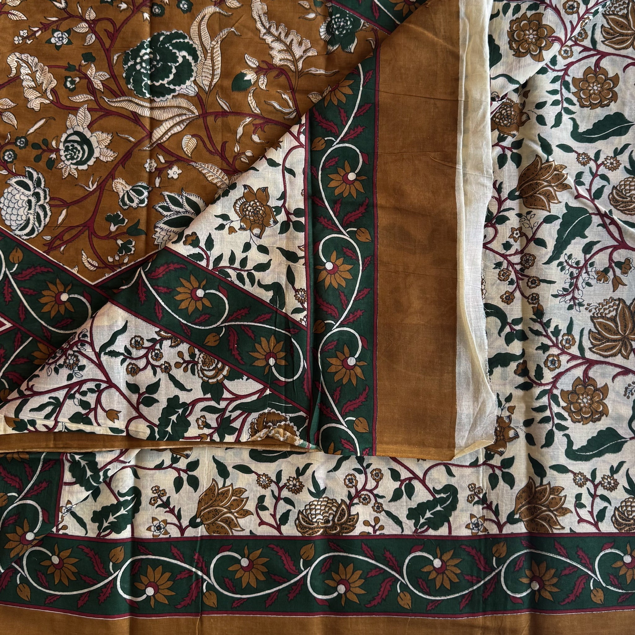 Ivory Mustard Green Floral Border Cotton Saree Traditional Ethnic Wear