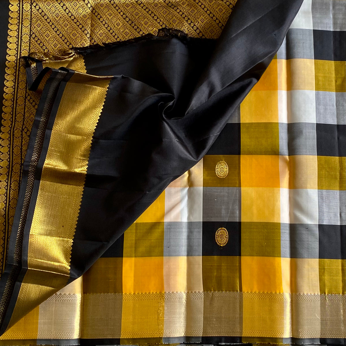 Mustard Yellow Jet Black Kanjeevaram Pure Zari Silk Saree With Rich Intricate Pallu