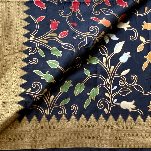 Black Silk Saree Gold Brocade Floral White Blossom Woven Border