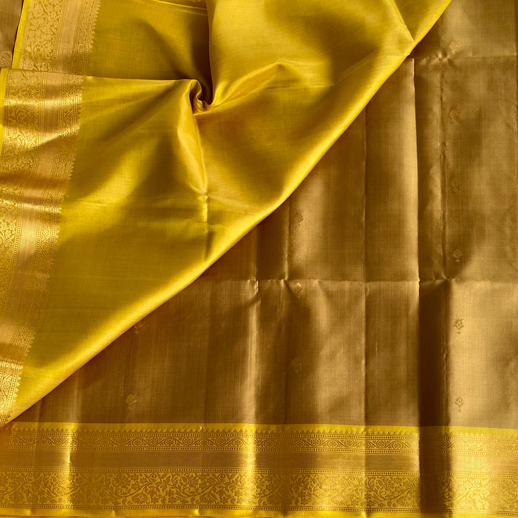 Bronze Brown Designer Pure Silk Saree With Mustard Yellow Pallu