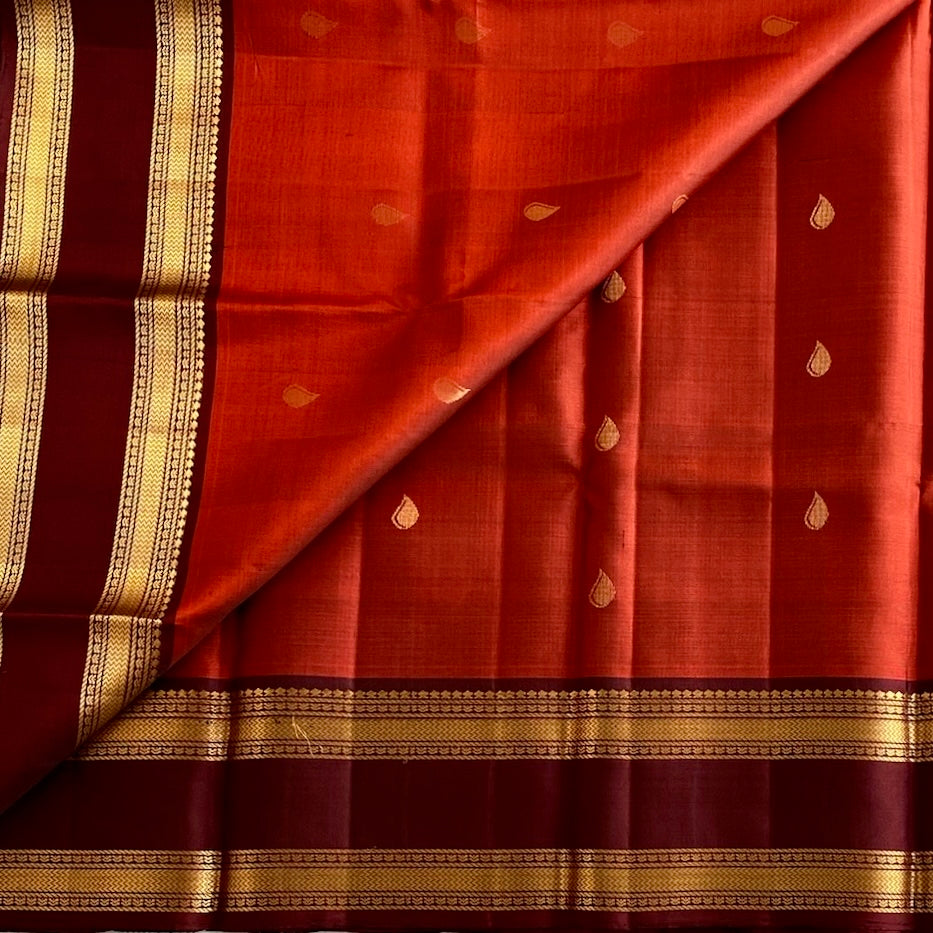 Burnt Orange Designer Pure Silk Stunner With Deep Maroon Pallu