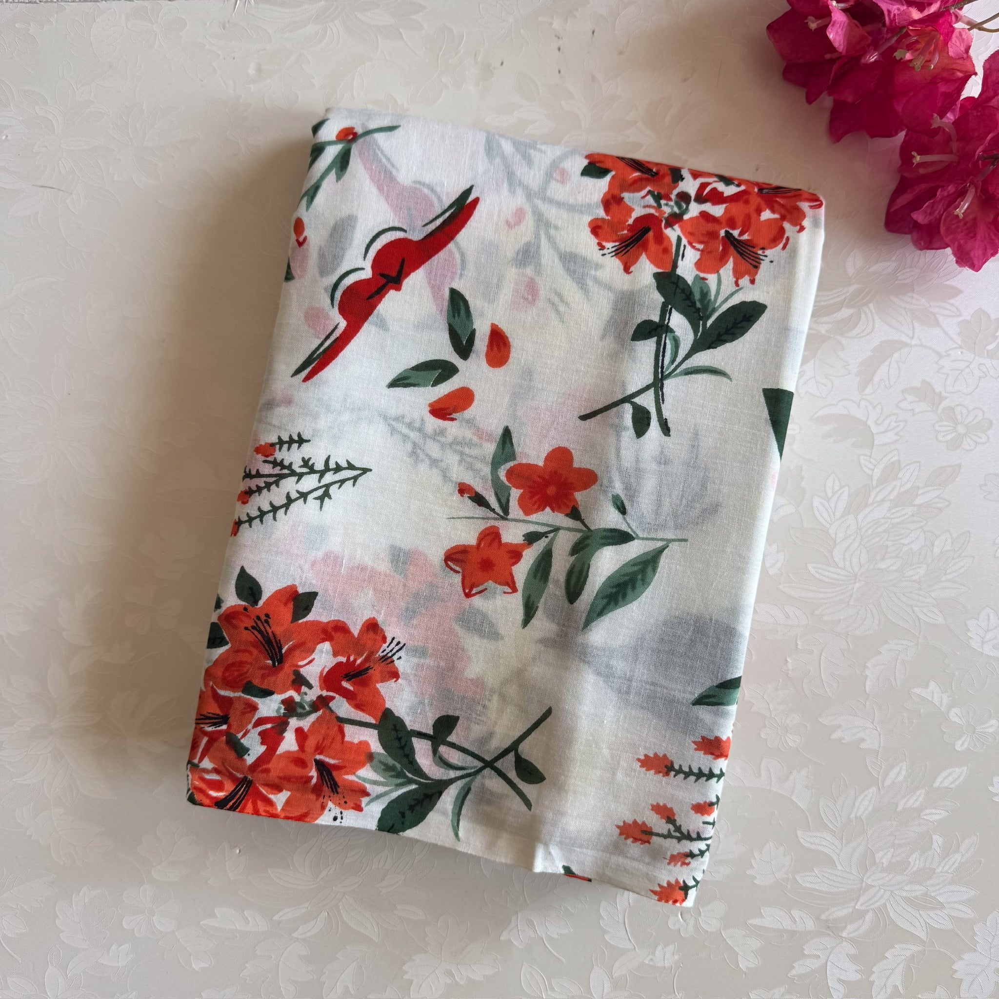 Peach Floral Print Saree Orange Blooms Green Leaves Casual Wear