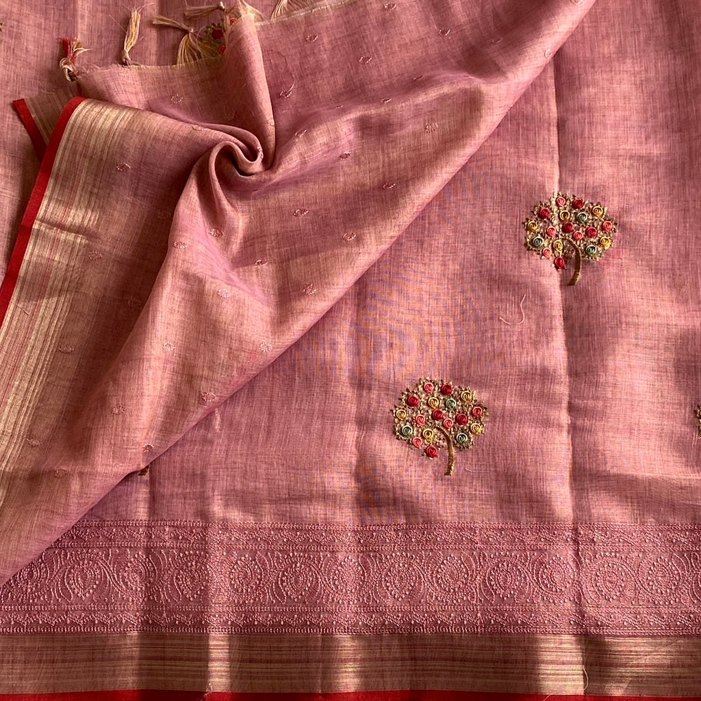 Dusty Rose Soft Linen with Embroidered Beauty With Scarlet Red Border