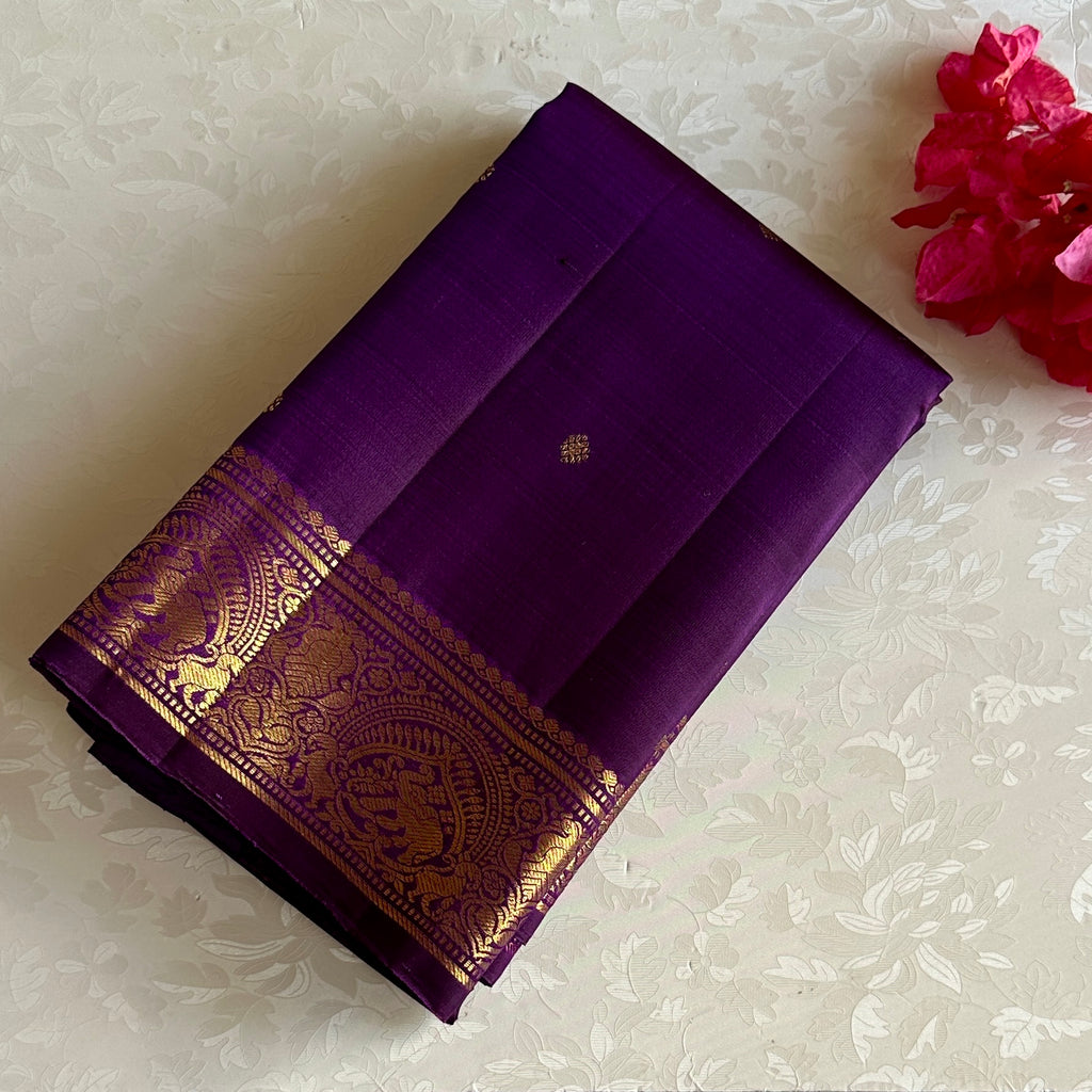 Deep Purple Kanjeevaram Pure Zari Silk Saree With Heritage Elephant Gold Border