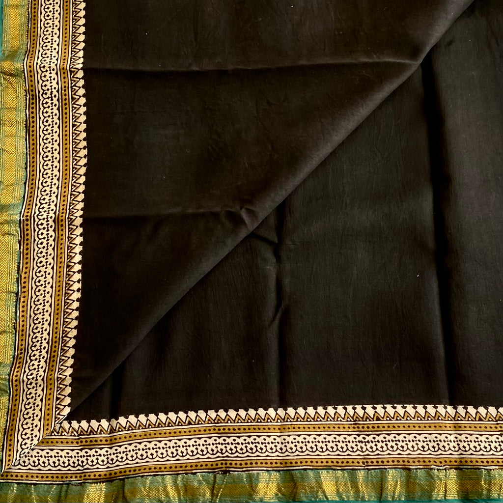 Jet Black Maheswari Soft Silk Cotton With Teal Green Pallu