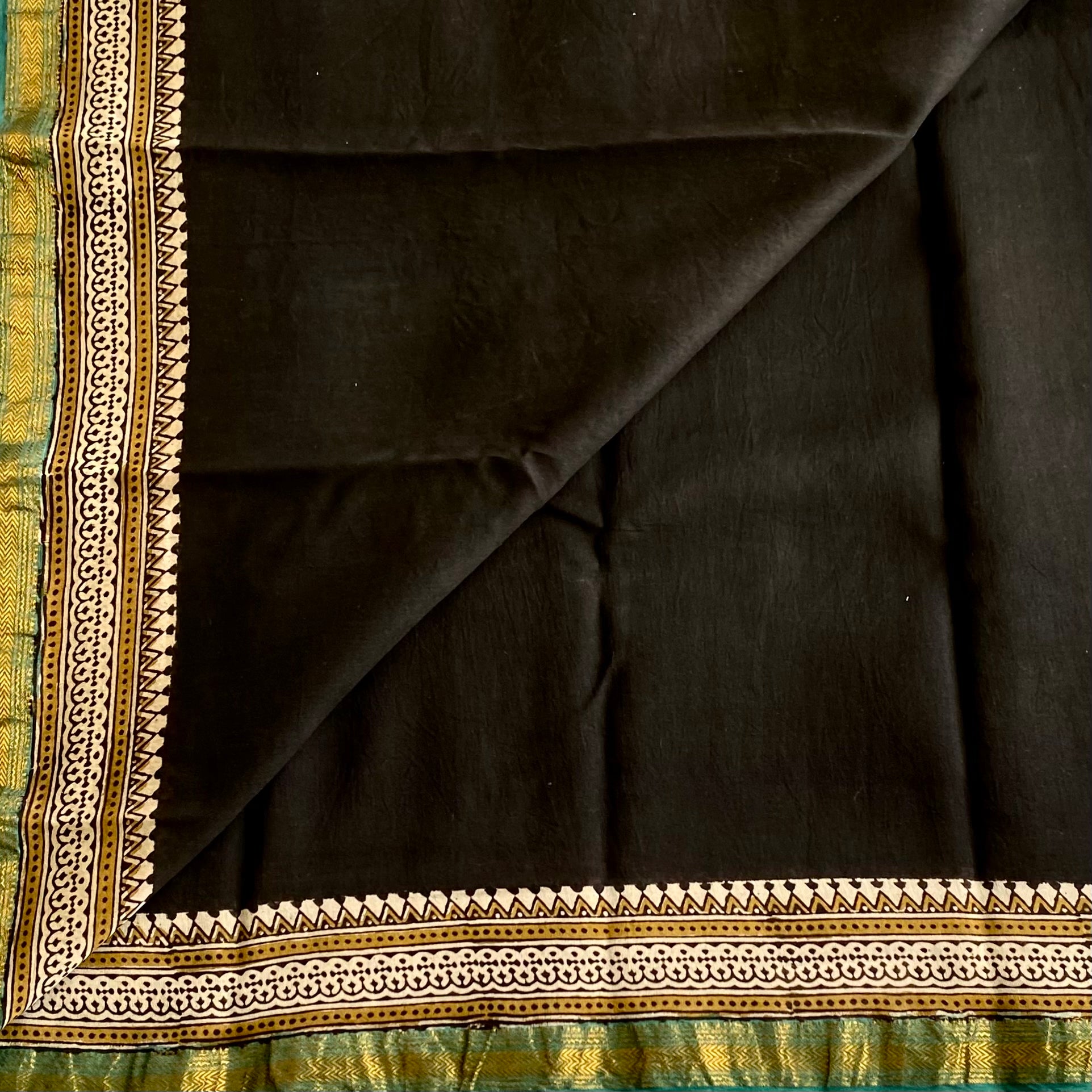 Jet Black Maheswari Soft Silk Cotton With Teal Green Pallu