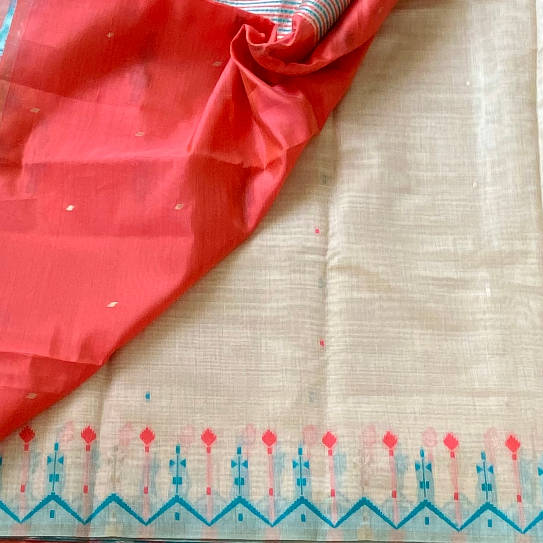 Pastel Pink Beige Saree Turquoise Zigzag Border Tassel Ikat Design