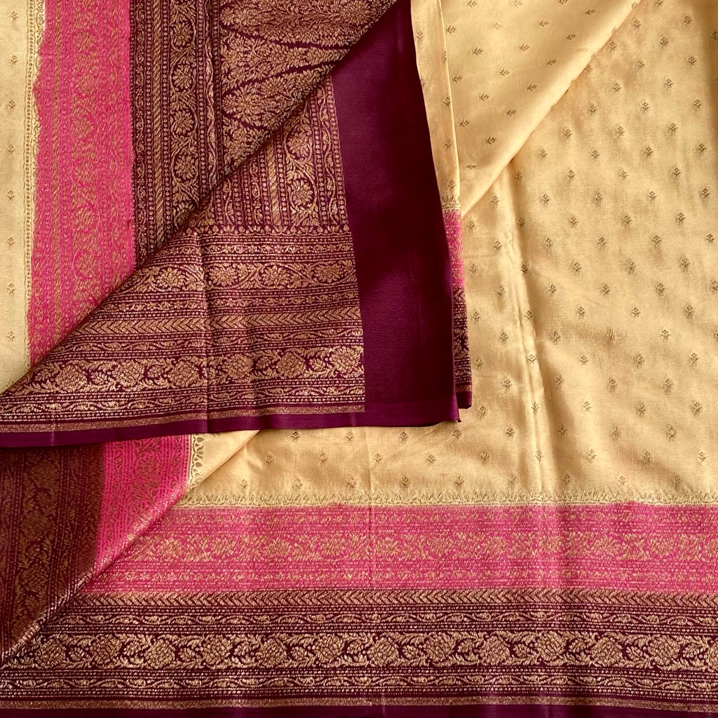 Tri Colour Beige Burgundy And Rose Pink Banarasi Crepe Silk Saree With Gold Zari