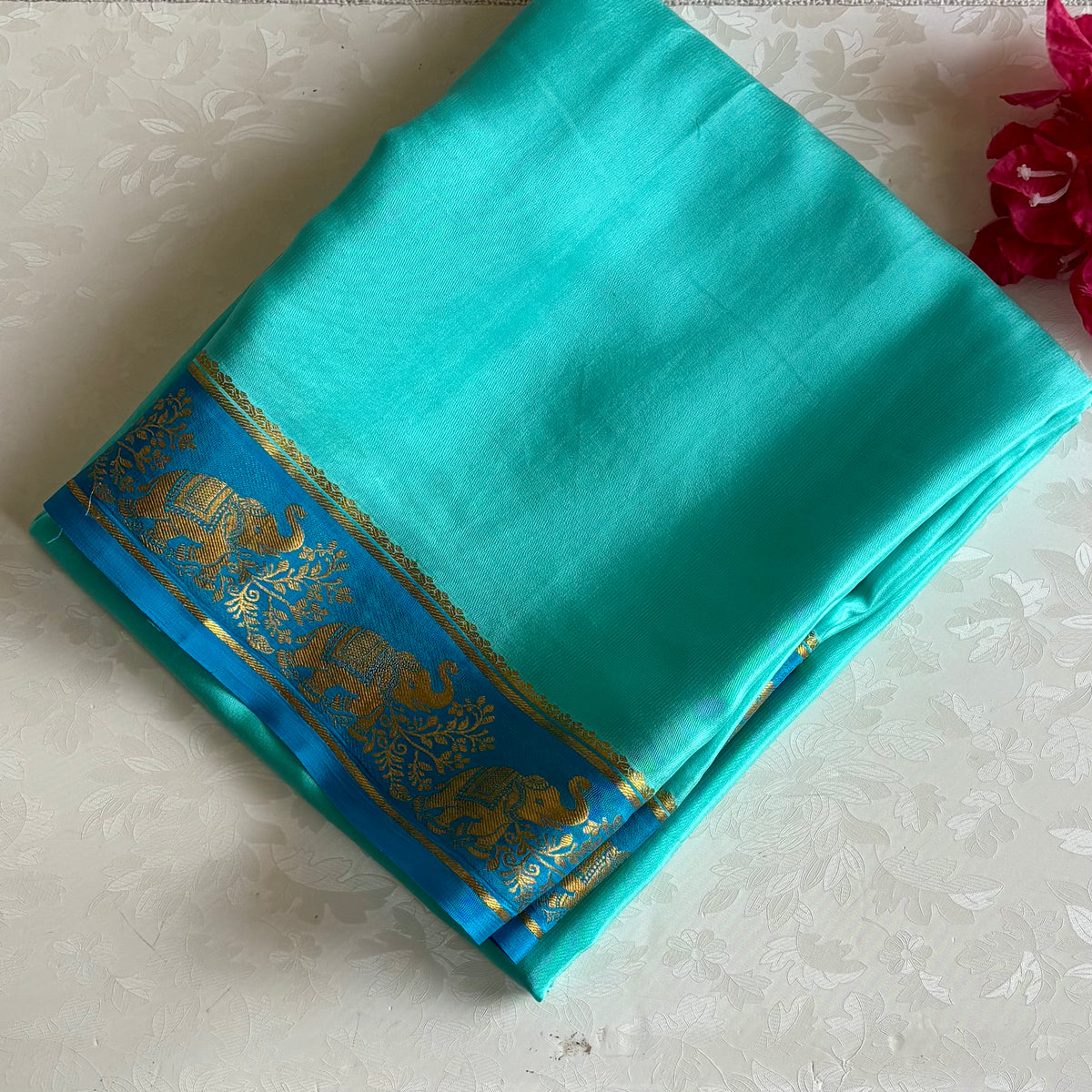 Sea Blue Mysore Crepe Silk Saree Turquoise Blue Pallu Gold Border