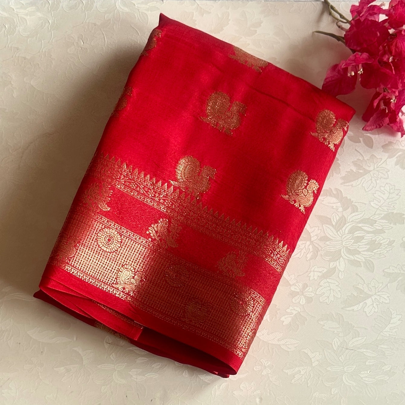 Ruby Red Zari Brocade Saree with Woven Gold Border Pallu