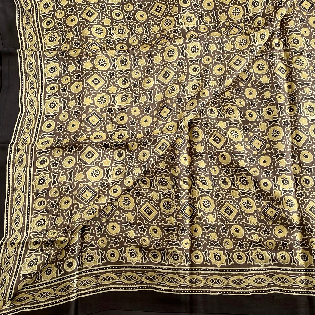 Beige Brown Ajrak Silk Saree With Mustard Yellow Prints