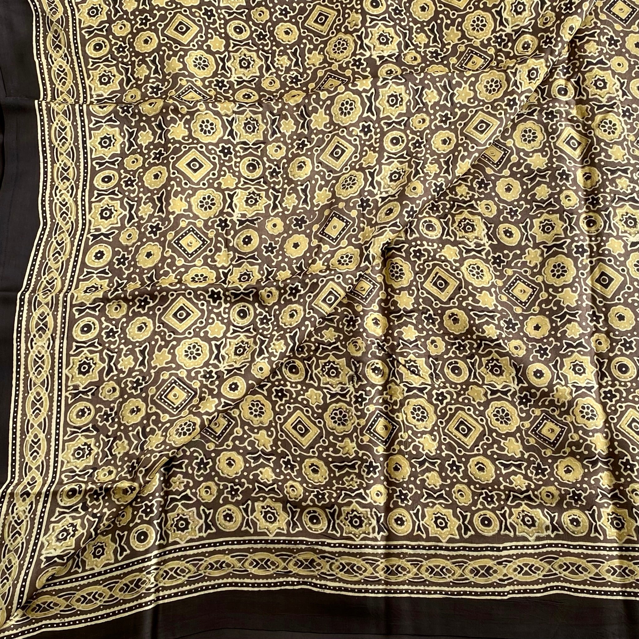 Beige Brown Ajrak Silk Saree With Mustard Yellow Prints