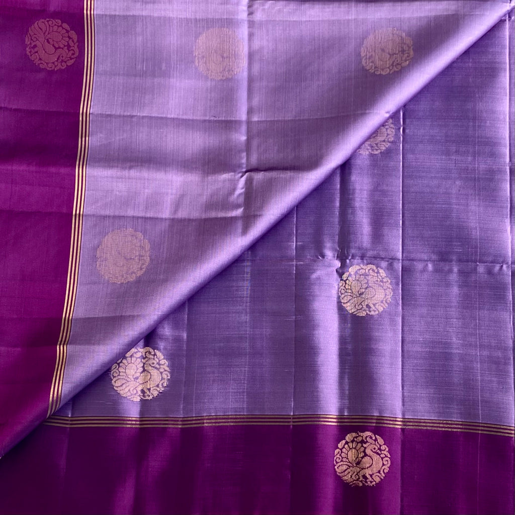Metallic Lavender Designer Pure Silk Saree With Deep Plum Pallu