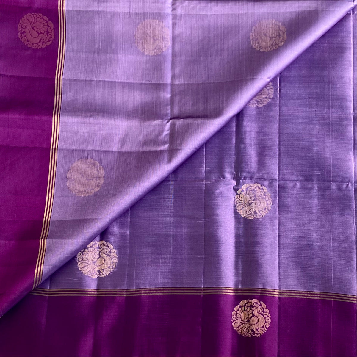 Metallic Lavender Designer Pure Silk Saree With Deep Plum Pallu