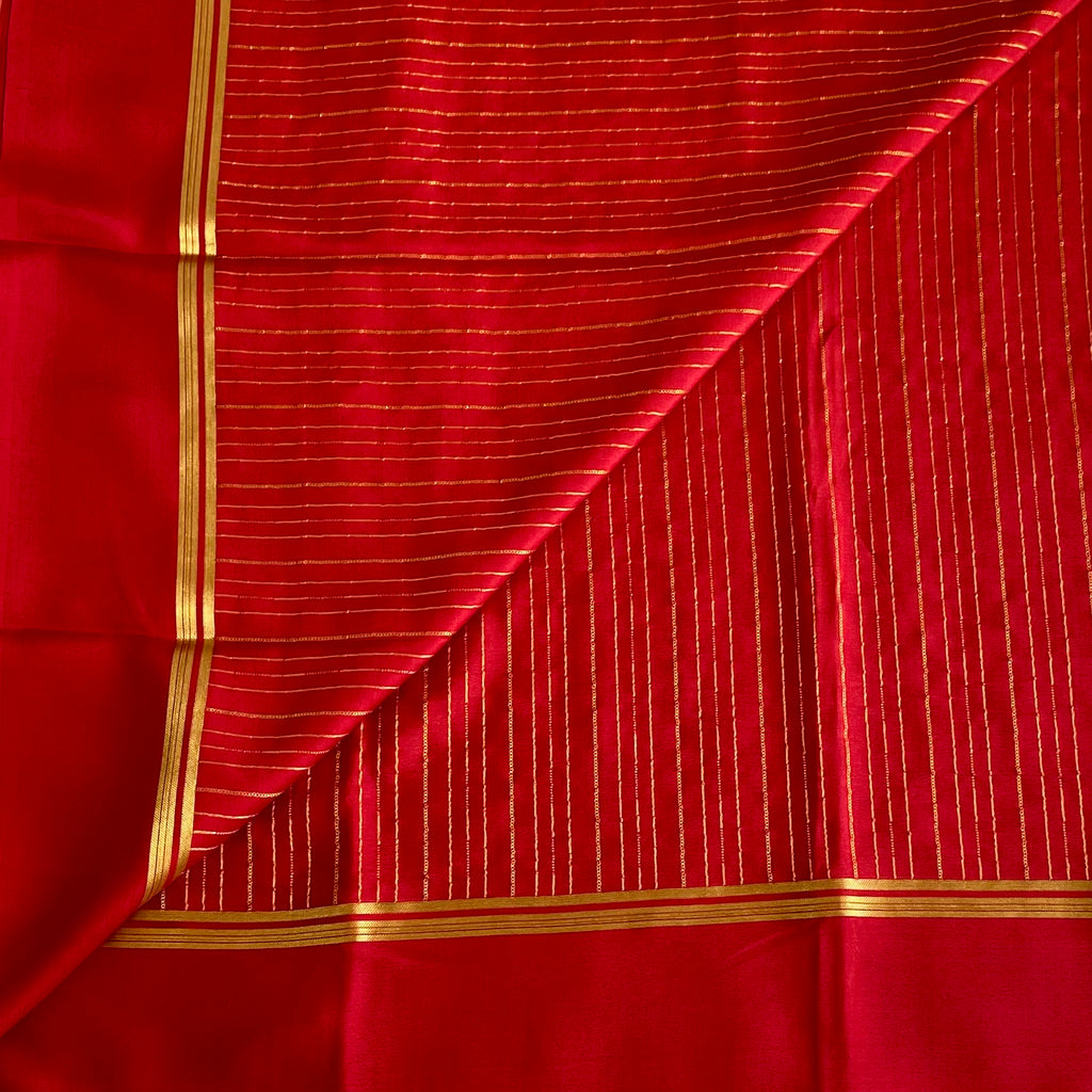 Crimson Red Mysore Crepe Silk Saree With Metallic Gold Stripes