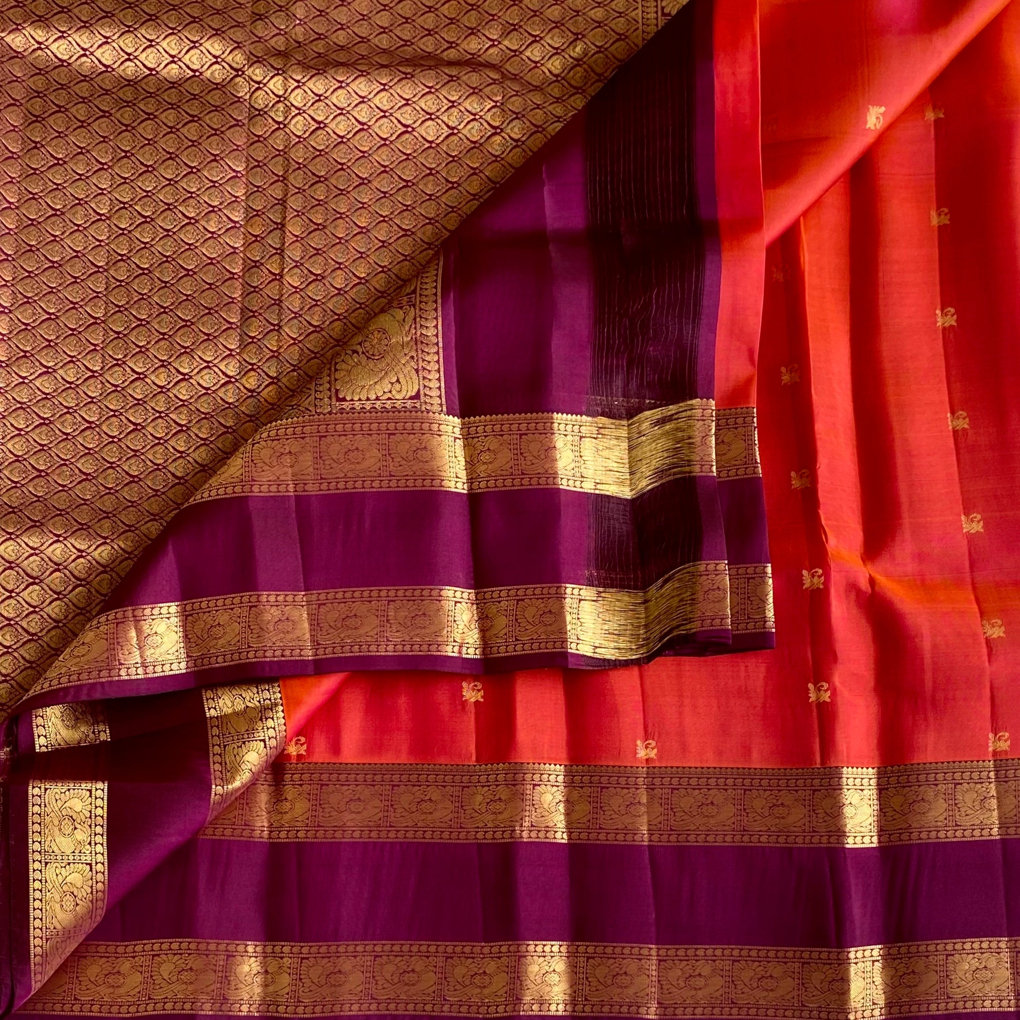 Dual Shaded Orange Designer Pure Silk With Magical Purple Pallu
