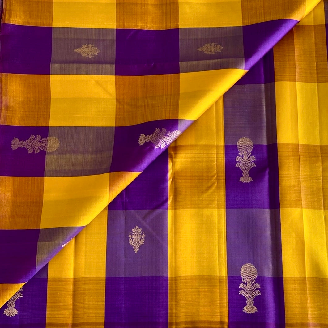 Mustard Yellow Kanjeevaram Pure Zari Silk Saree With Royal Purple Checks