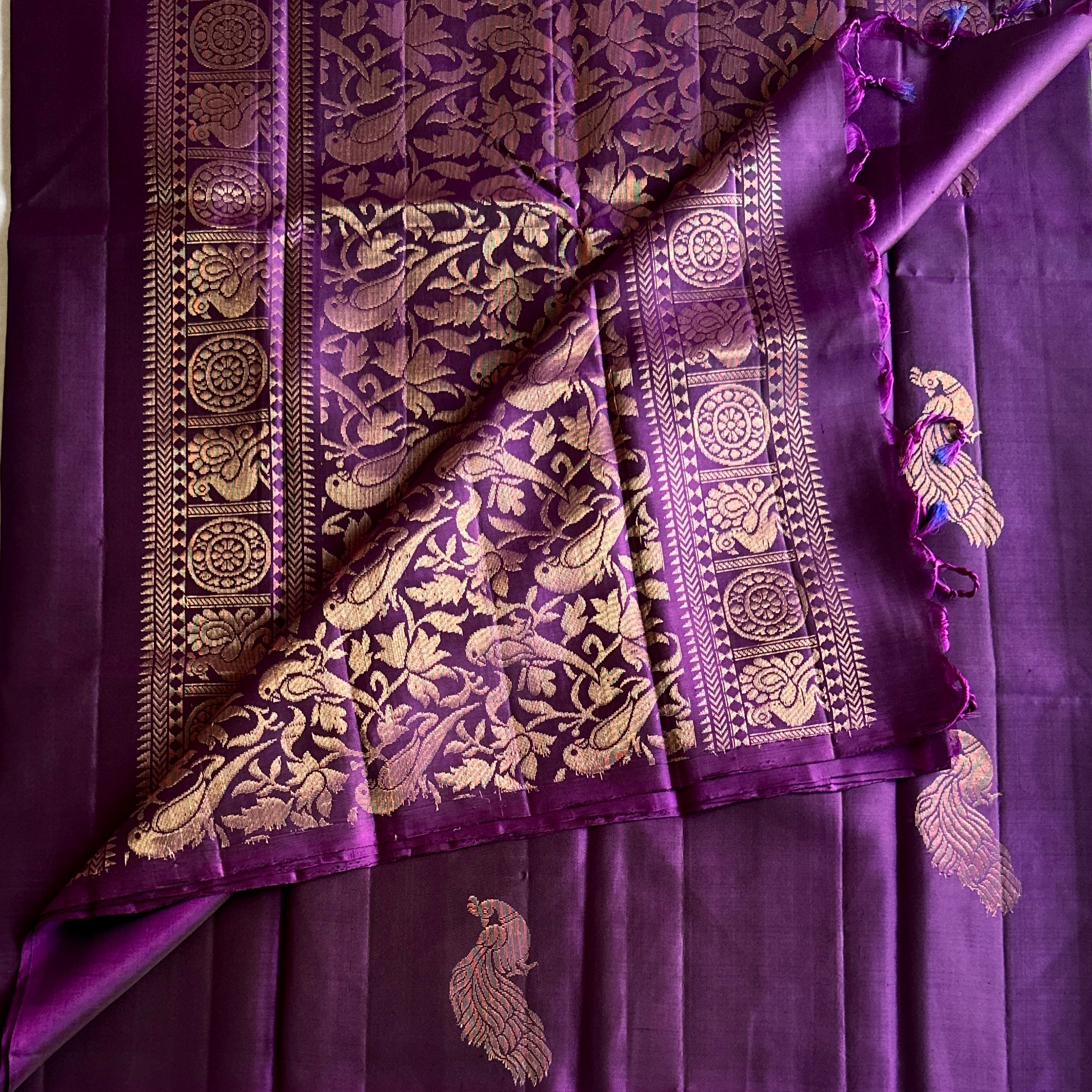 Royal Purple Silk Saree Rose Gold Peacock Brocade Festive Wear