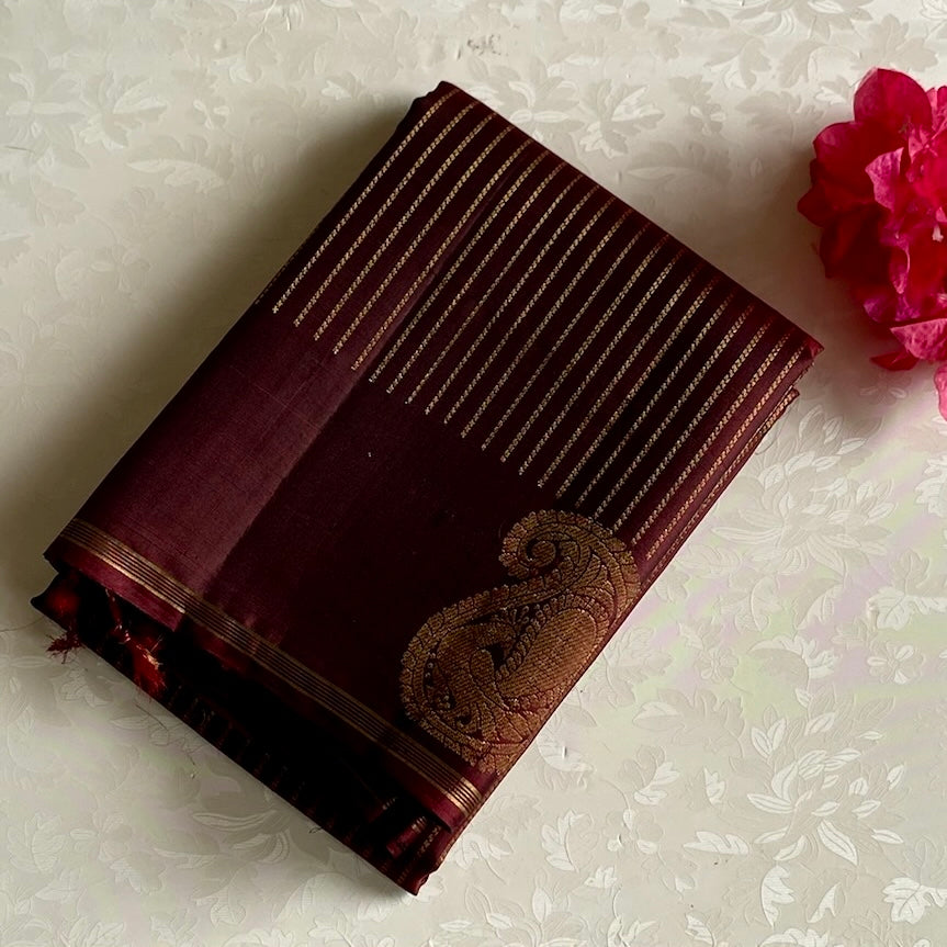 Deep Wine Brown Designer Pure Silk Saree With Antique Gold Pallu