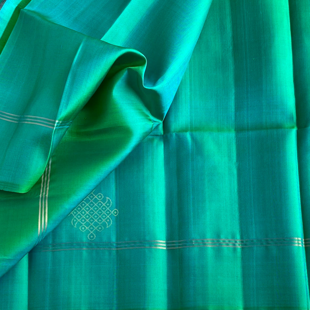 Sea Green Kollam Designer Pure Silk Saree With Antique Gold Pallu