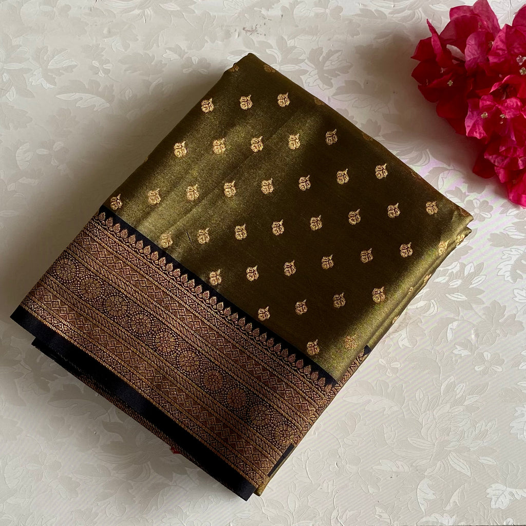 Olive Green Gold Brocade Tissue Silk With Tassel Pallu Border
