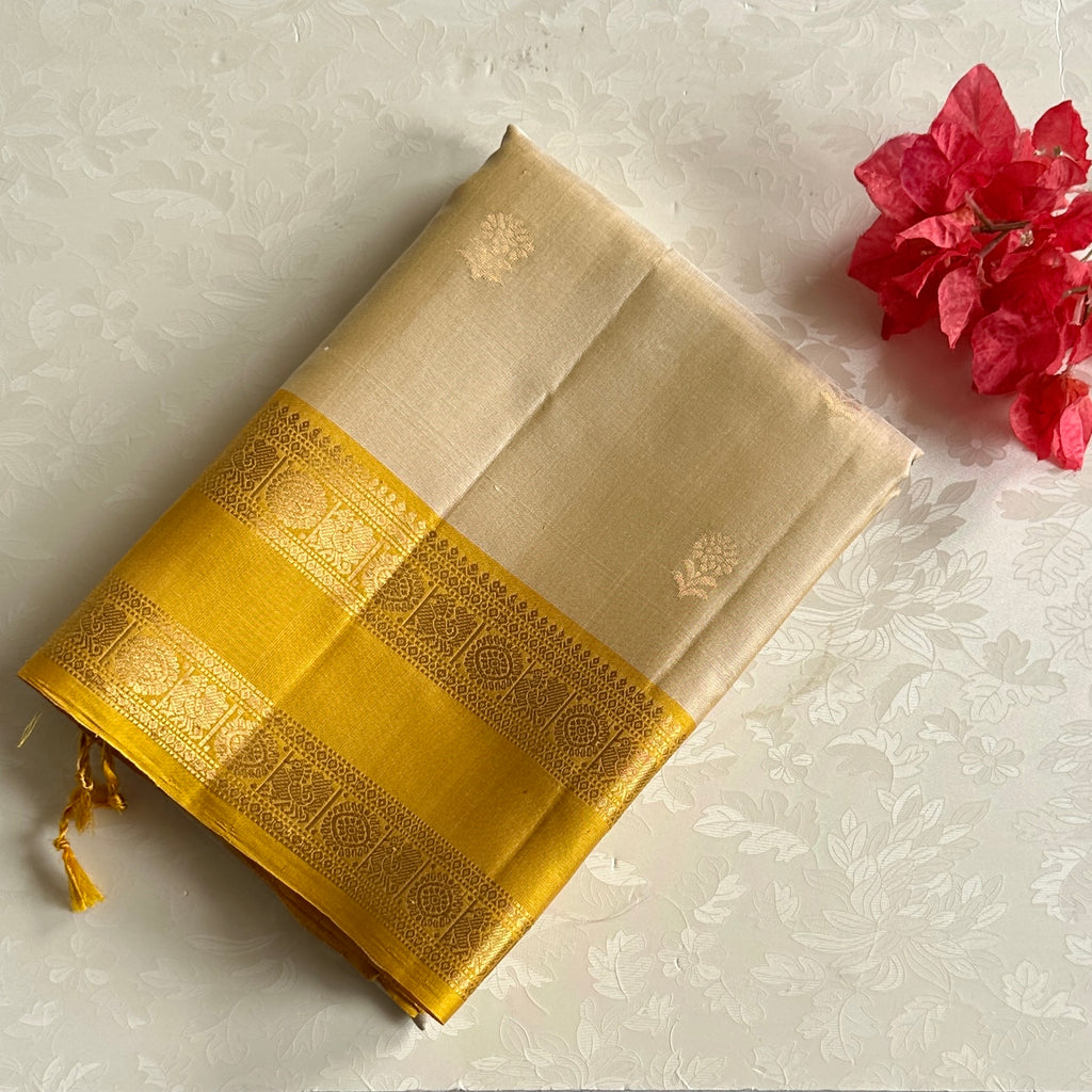Golden Yellow Silk Saree with Ivory Pallu and Zari Border