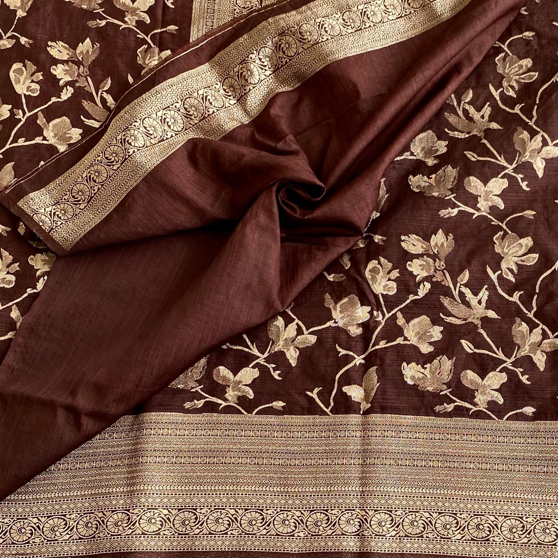 Chestnut Brown Soft Tussar Silk Saree With Antique Gold Pallu