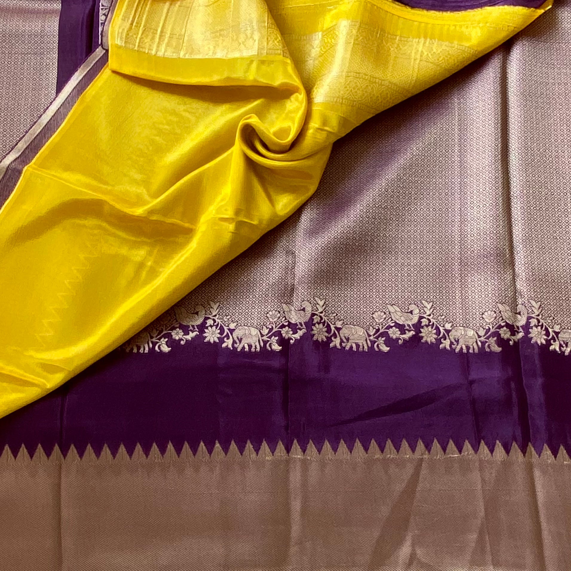 Designer Brocade soft crepe with antique gold n deep plum.
