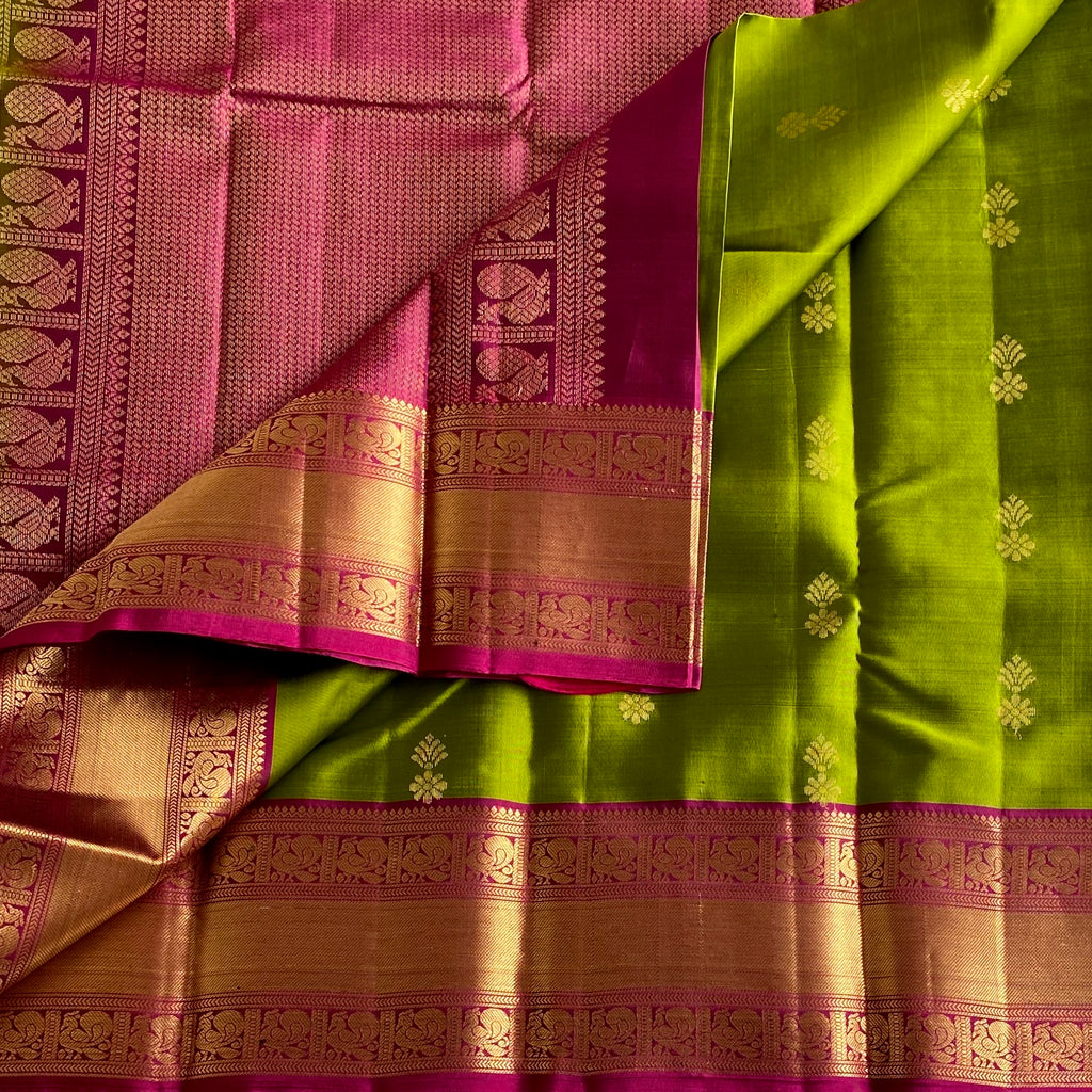 Rich Parrot Green Designer Pure Silk Saree With Deep Magenta  Pallu