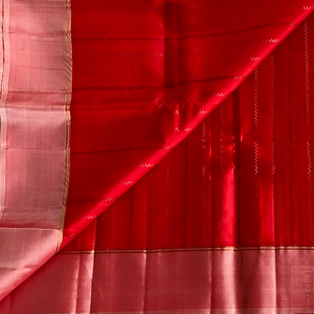 Scarlet Red Designer Pure Silk Saree With Rose Gold Pallu