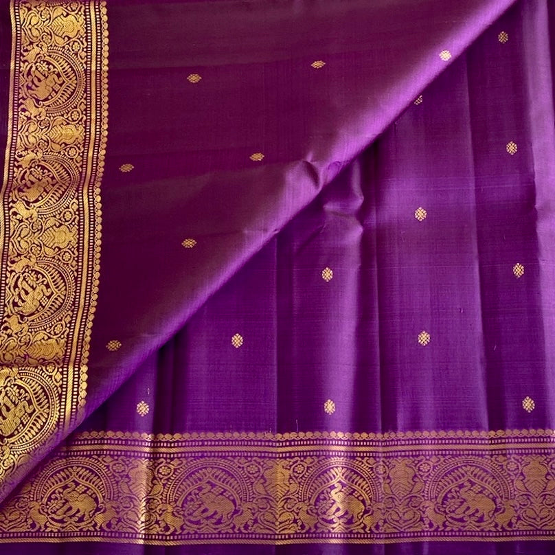 Deep Purple Kanjeevaram Pure Zari Silk Saree With Heritage Elephant Gold Border
