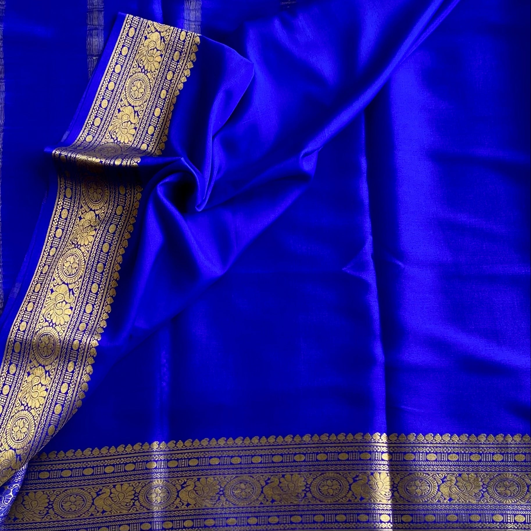 MS Blue Mysore Crepe Silk Saree With Metallic Gold Border