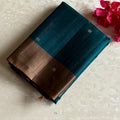 Teal Blue Designer Pure Silk Saree With Bronze Pallu