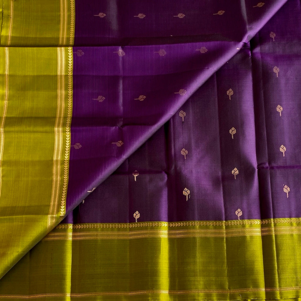 Olive Green Designer Pure Silk Saree With Royal Purple Pallu