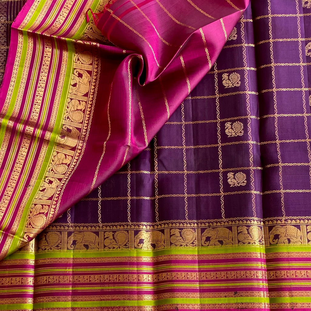 Deep Purple Checkered Designer Pure Silk Saree With Magenta Pallu