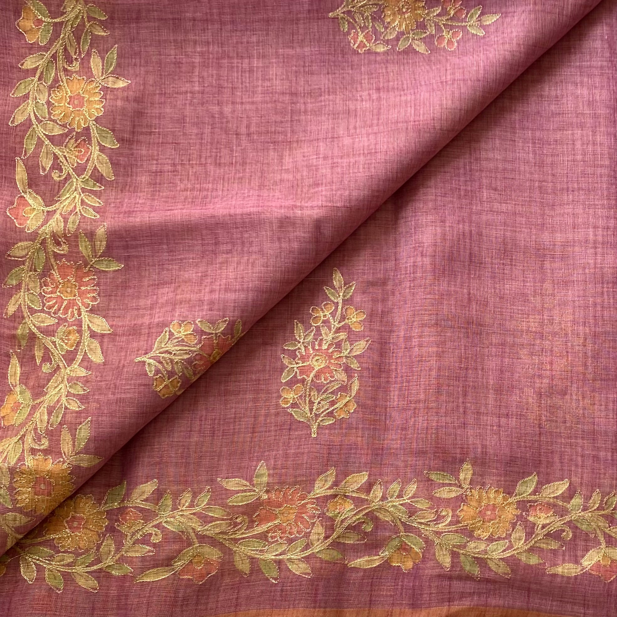 Elegant Rose Mauve Floral Embroidered Saree with Gold Border Tassels