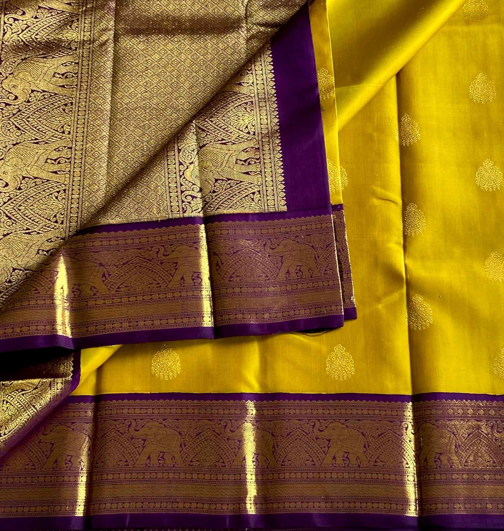 Mustard Yellow Silk Saree With Purple Brocade Pallu Elephant Border