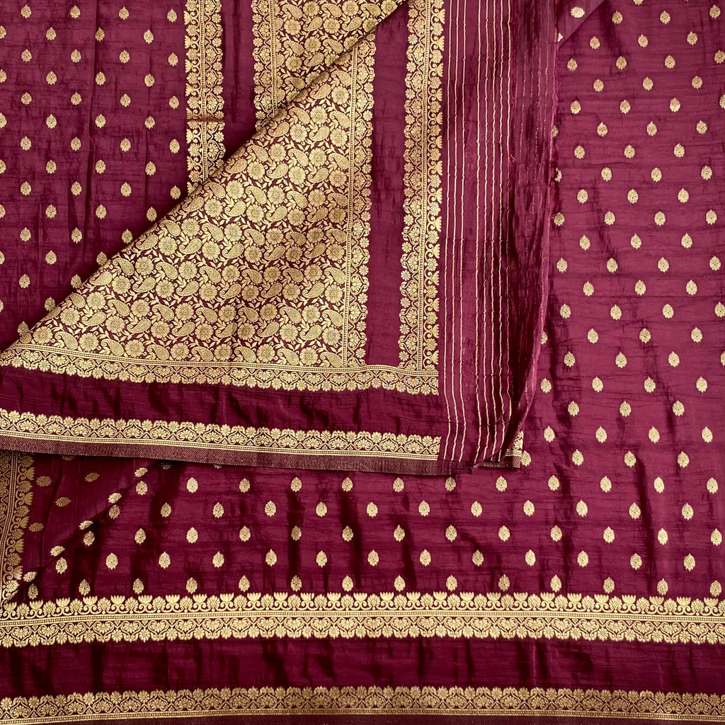 Plum Wine Soft Tussar Silk Saree With Antique Gold Brocade