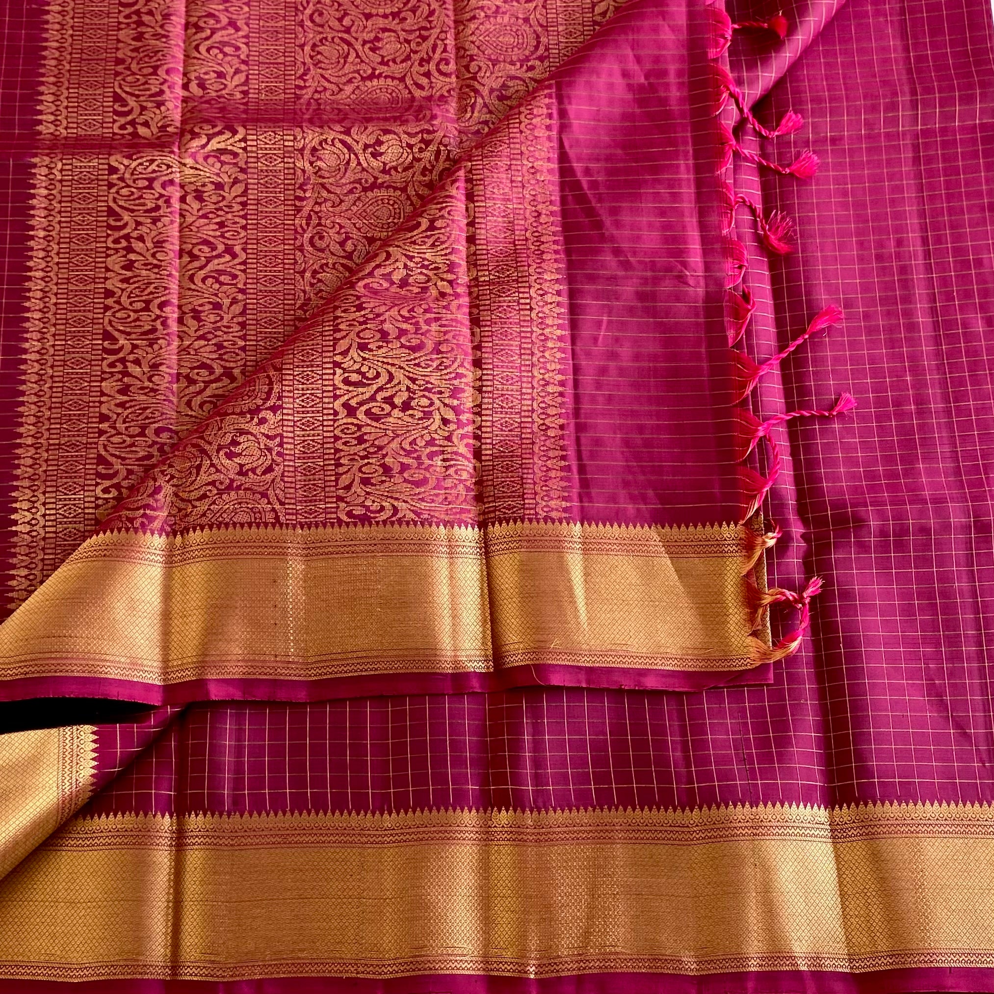 Rich Magenta Pink Designer Pure Silk Micro Checkered With Zari Gold Border