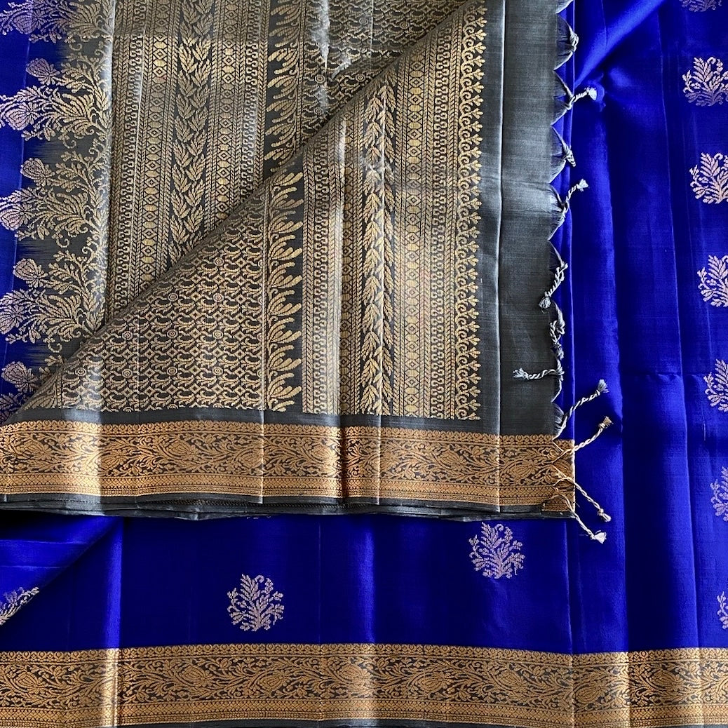 Royal Blue Designer Pure Silk Saree With Charcoal Gray Pallu