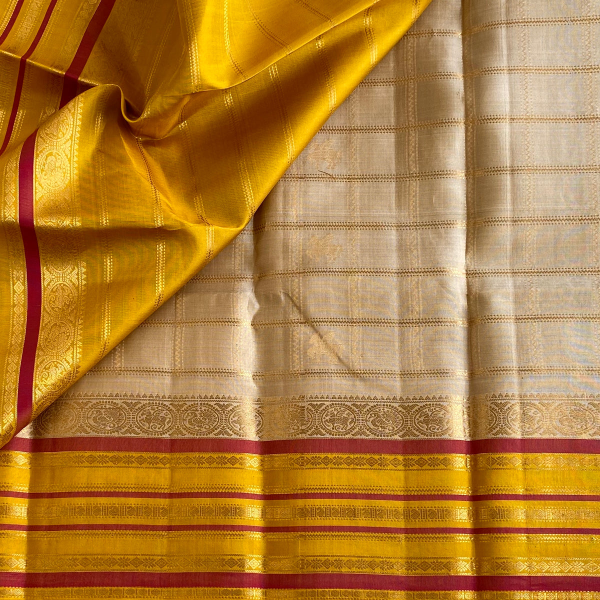 Ivory Designer Pure Silk Saree With Mustard & Rose Pink Pallu