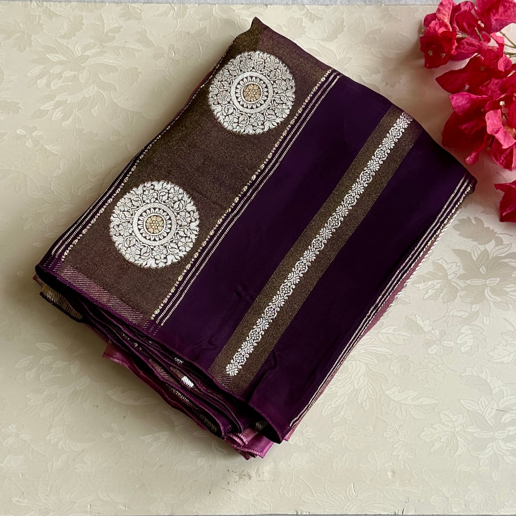 Ombre Lilac with purple soft satin crepe with zari woven work
