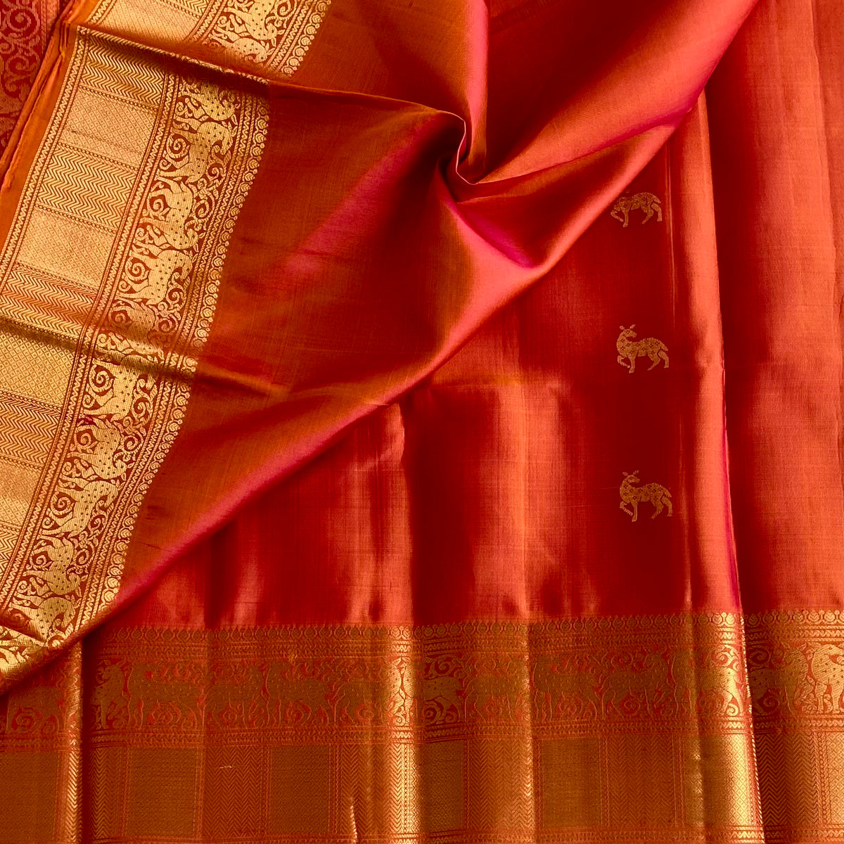 Classy Burnt Orange Designer Pure Silk Saree With Intricate Woven Pallu